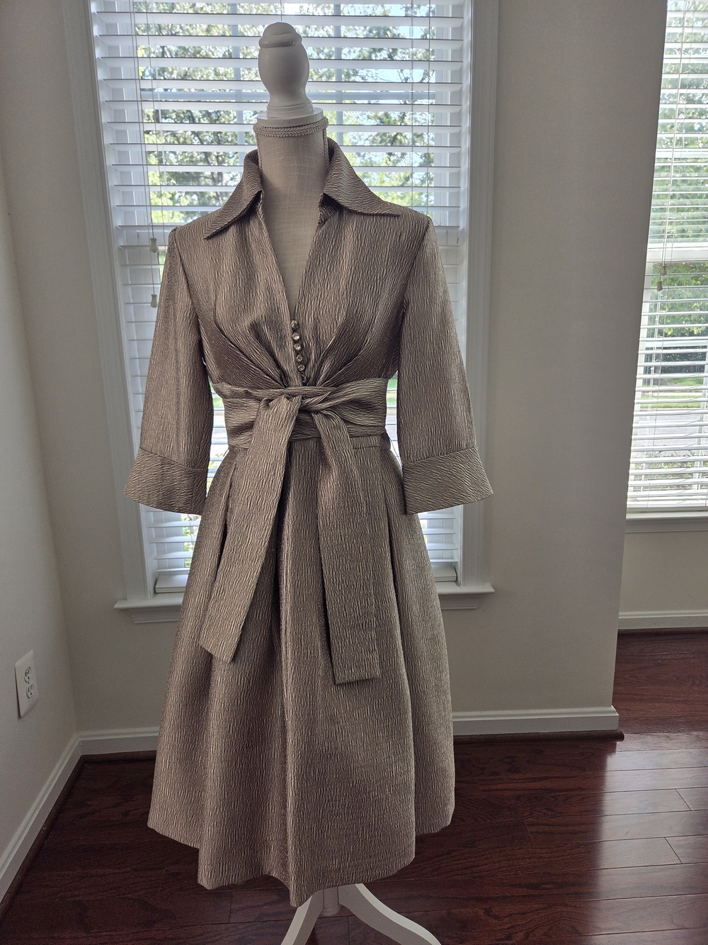 Donna Ricco Metallic Taupe Midi Fit-and-Flare Dress with Waist Tie